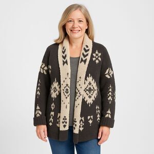 Knox Rose Sherpa Aztec Cardigan Sweater Jacket Beige Black XL Cozy